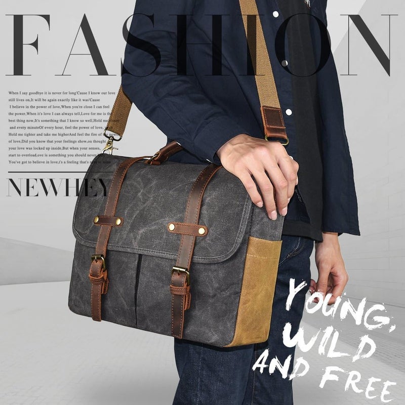NEWHEY Mens Messenger Bag 15.6 Inch Waterproof Vintage Genuine Leather Waxed Canvas Briefcase Large Satchel Shoulder Bag Rugged Leather Computer Laptop Bag, Grey - Image 2